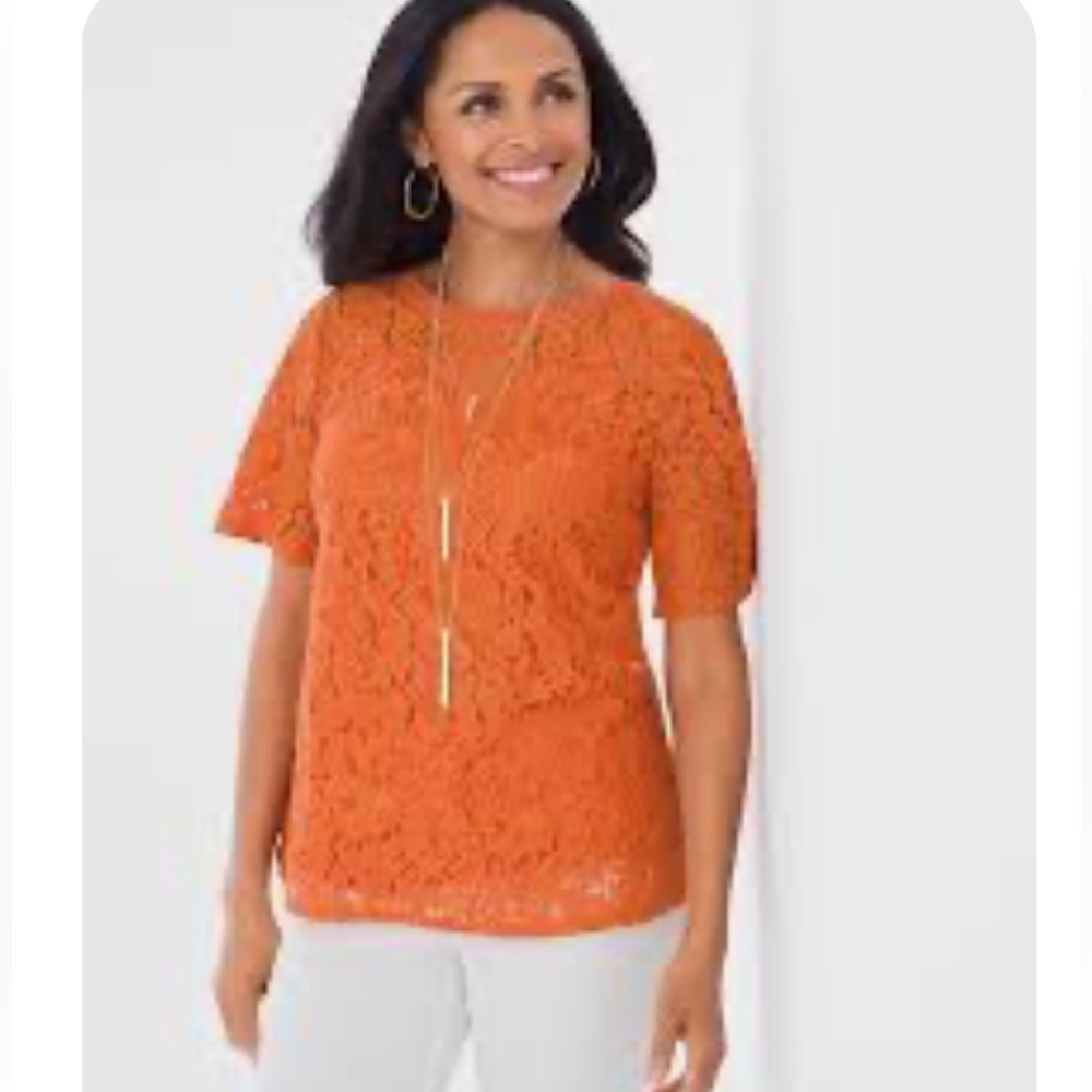 NWT  Chico’s Bright Orange Marmalade Floral Foiled Lace Short Sleeve Blouse XL - Picture 15 of 15